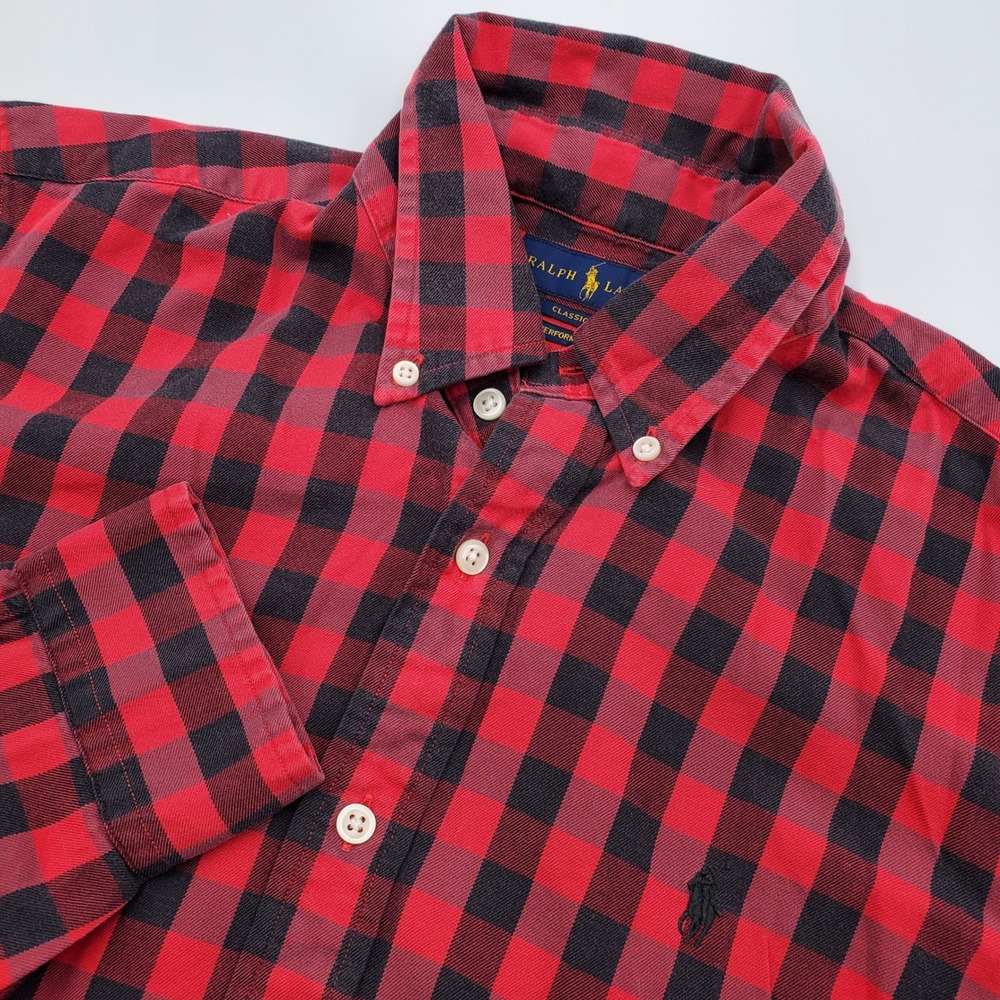Polo Ralph Lauren Mens Classic Fit Performance Plaid Shirt Red Black M Fadding